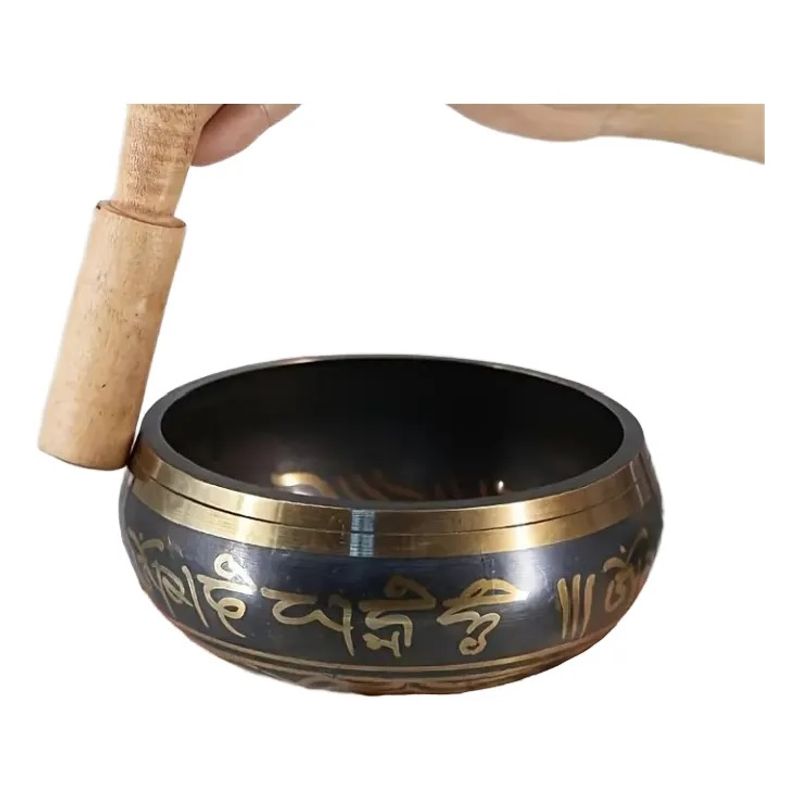 GENERICO - Cuenco Tibetano Hindu Bronce Tallado Con Baqueta En Cedro