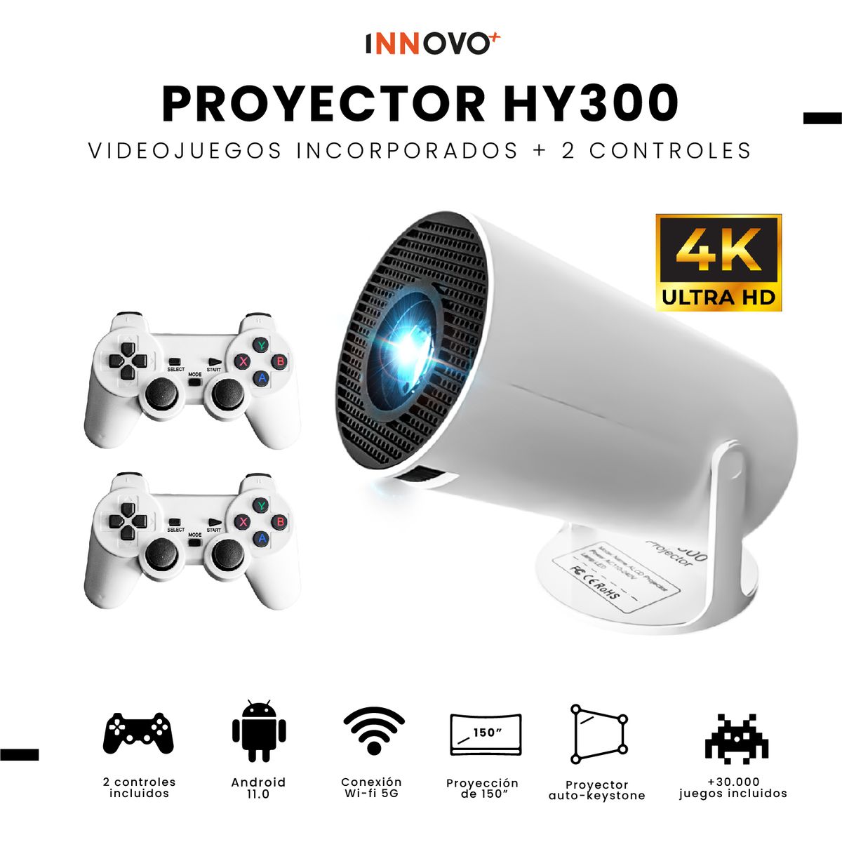 INNOVA - Proyector Yh Android 4k 200 Pulgadas Smart Tv + 2 Controles Gaming