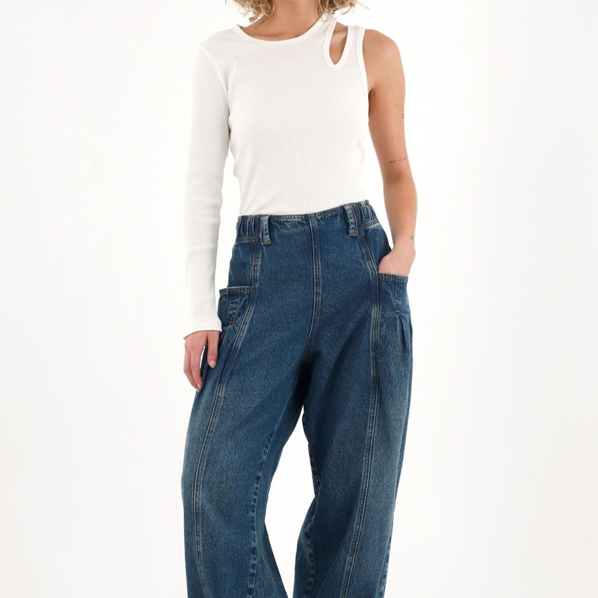 TOPMARK - Jean Balloon de pretina elástica azul para mujer