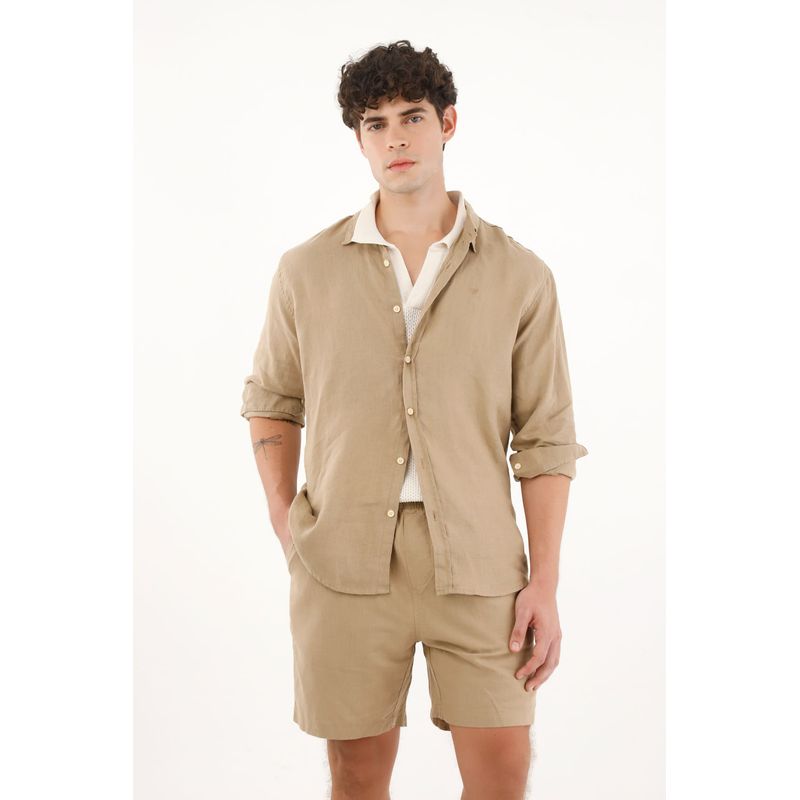 TENNIS - Camisa café manga larga 100% lino para hombre