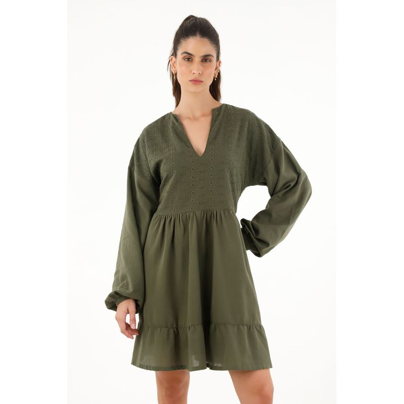 TOPMARK - Vestido corto manga larga verde con ojalillo para mujer