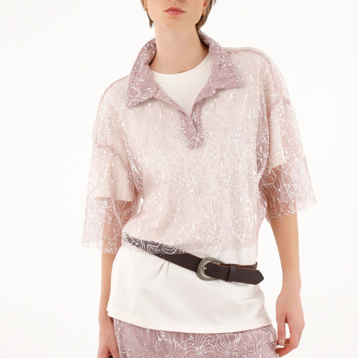 TENNIS - Camisa morada con transparencia y lentejuelas para mujer