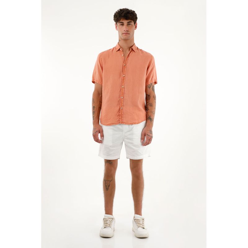 TENNIS - Camisa manga corta 100% lino naranja para hombre