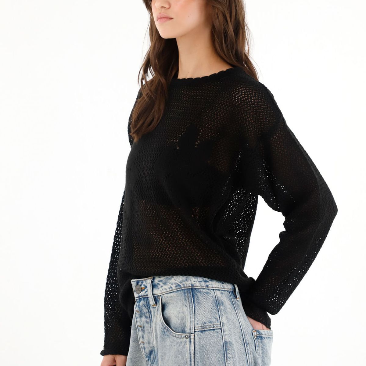 TENNIS - Buzo en tejido abiero con diseño de flores negro para mujer