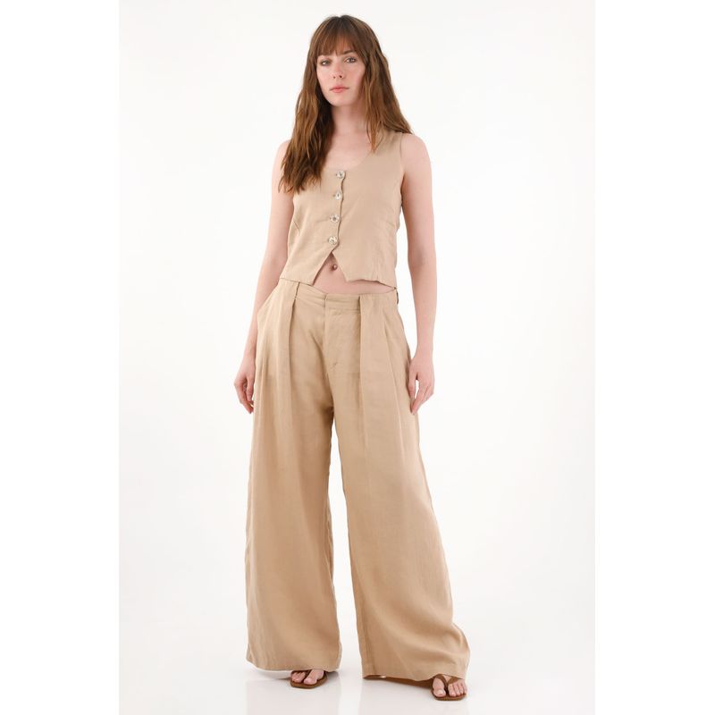 TENNIS - Pantalón Wide Leg en 100% lino con tablas crudo para mujer