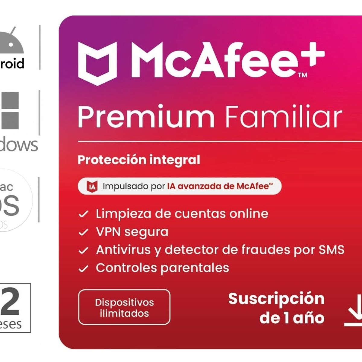 MCAFEE - Antivirus Mcafee Premium Familia Disp Ilimitados 1 Año ESD