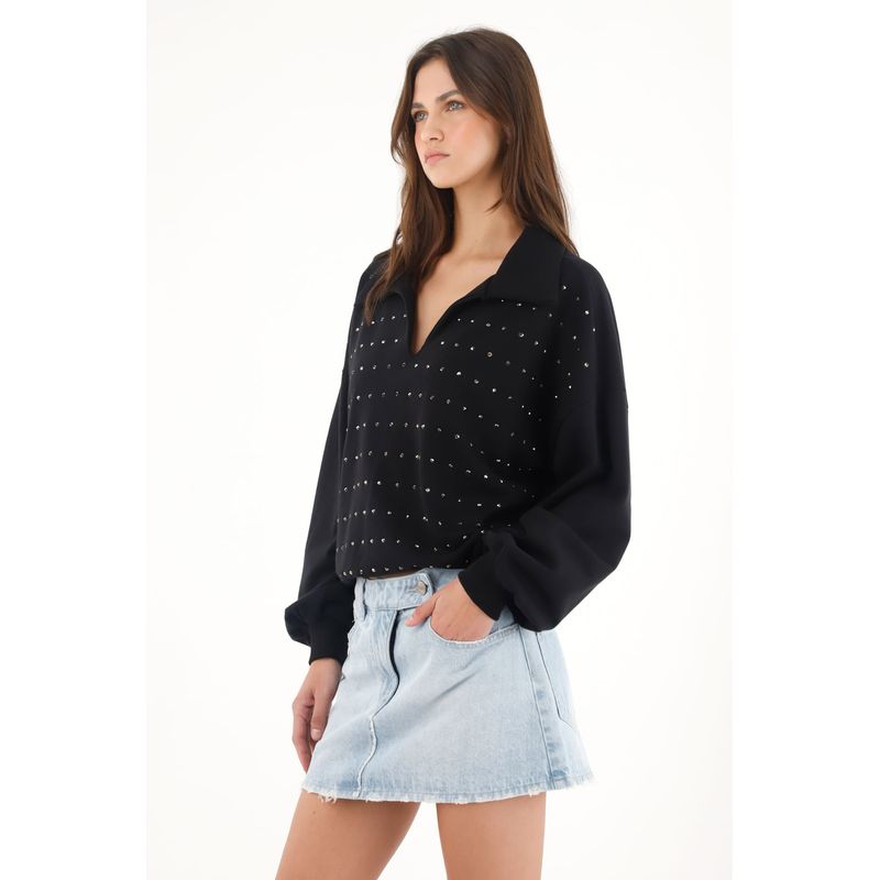 TENNIS - Buzo en burda con aplique brillantes negro para mujer