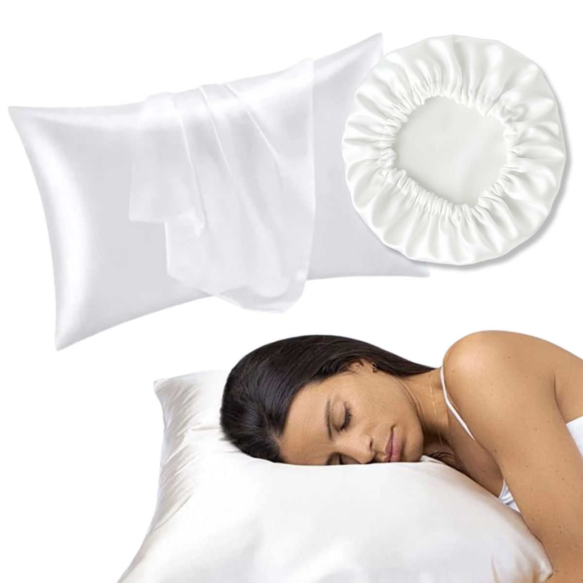 GENERICO - Set Gorro y Funda de Satín Cuida Tu Cabello y Piel Blanco