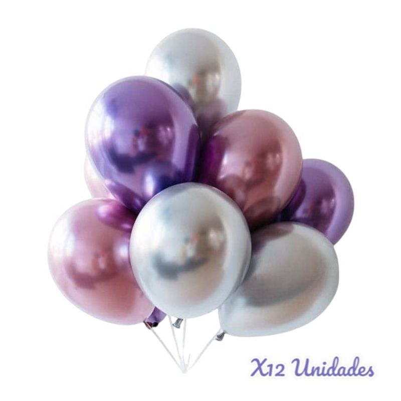 GENERICO - Globos Látex Cromado R12  X12 Uni. Morado, Rosado, Plateado