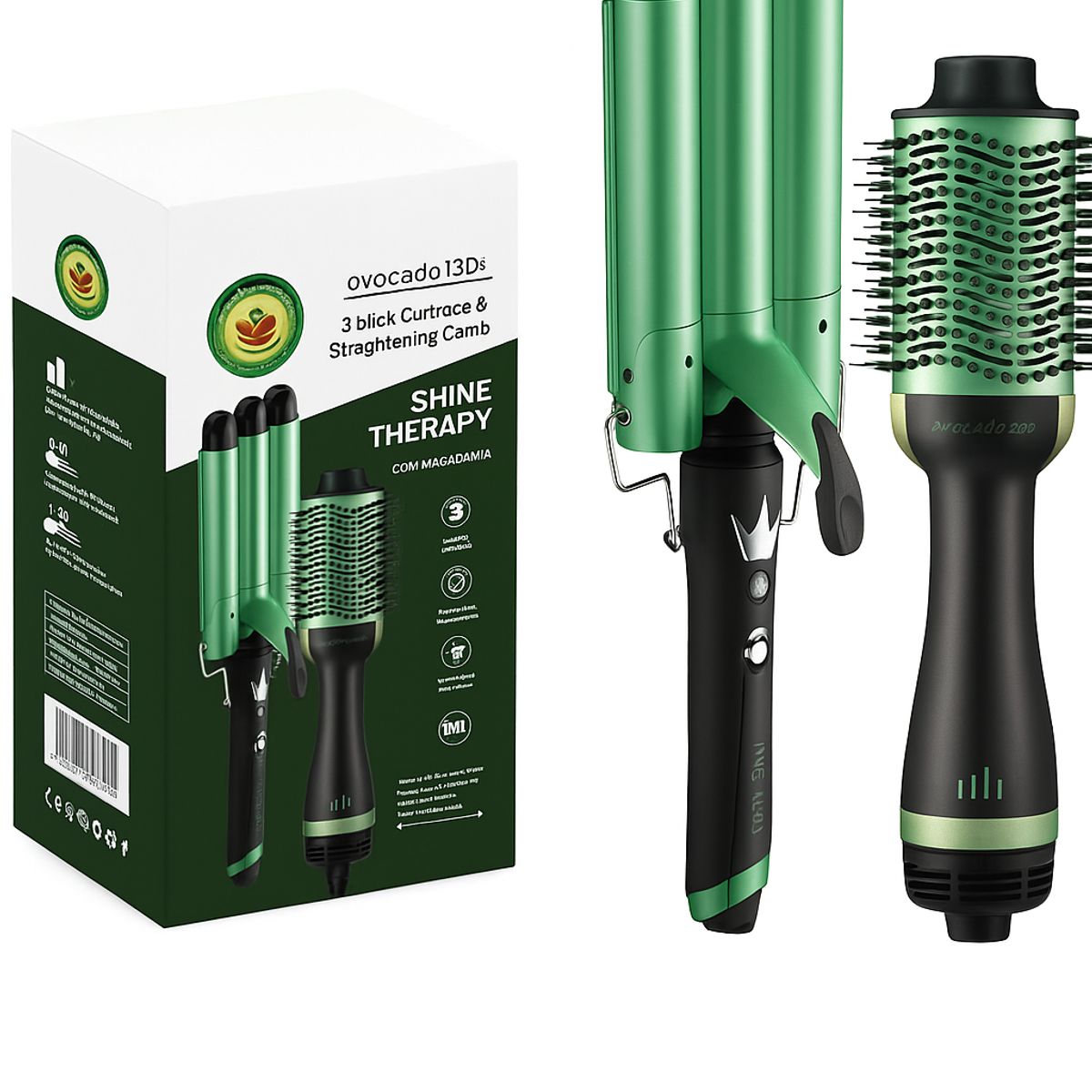 GENERICO - Combo Cepillo Secador + Pinza Rizadora de Tres Tubos Aguacate