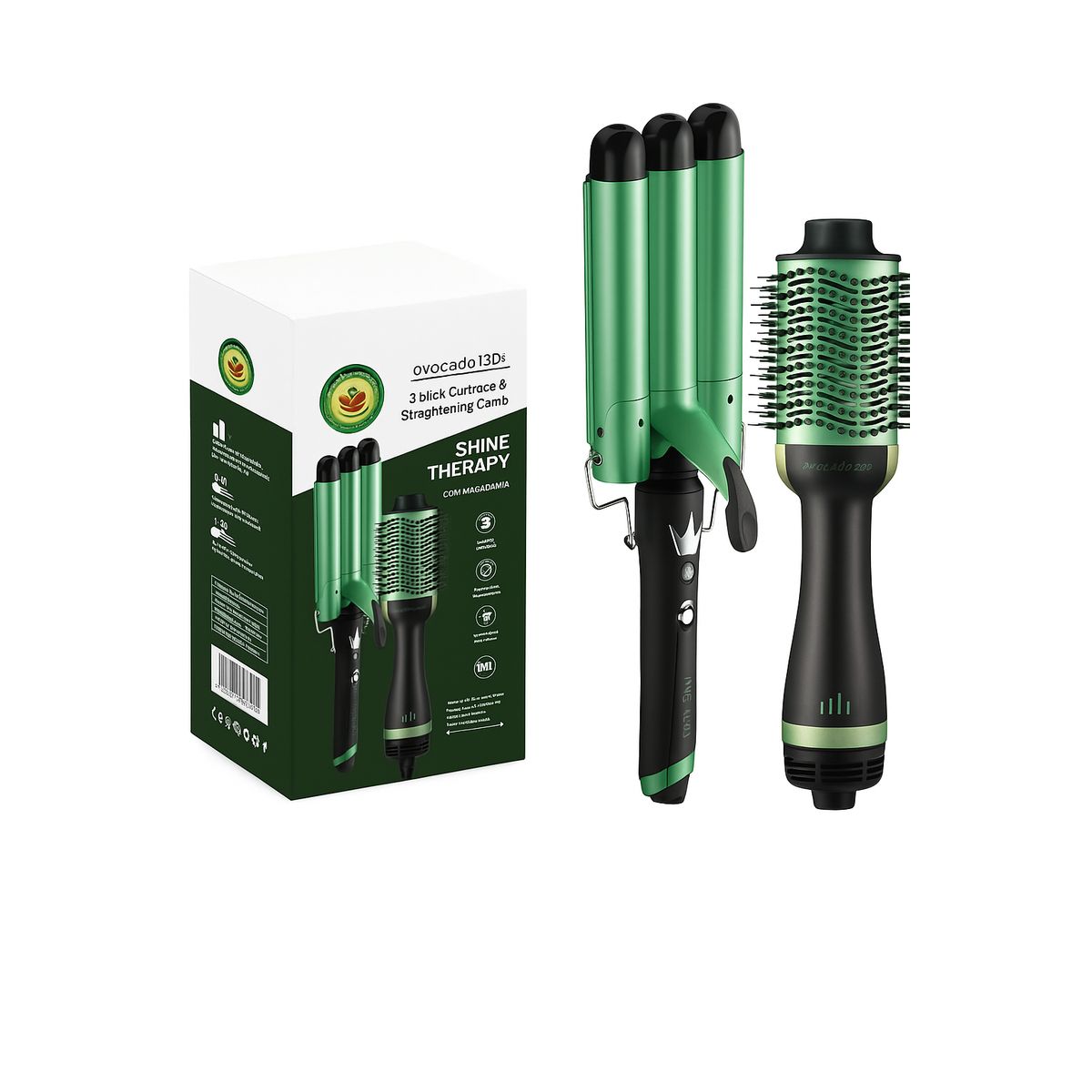 GENERICO - Combo Cepillo Secador + Pinza Rizadora de Tres Tubos Aguacate