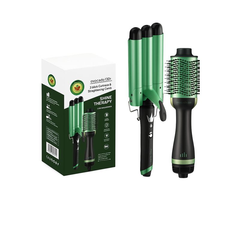 GENERICO - Combo Cepillo Secador + Pinza Rizadora de Tres Tubos Aguacate