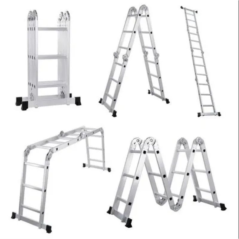 PROTOOL - Escalera Plegable Multifuncional De 12 Pasos En Aluminio Col Color Plateado