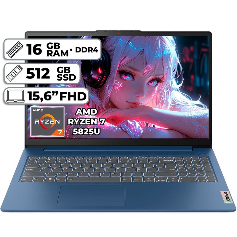 LENOVO - PORTÁTIL LENOVO SLIM 3 15ABR8 AMD RYZEN 7 5825U 16GB RAM 512GB SSD 15.6″ FHD