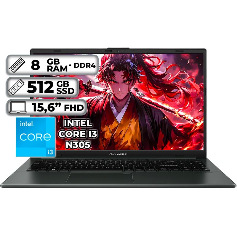 ASUS - PORTÁTIL ASUS  INTEL CORE I3-N305 8GB RAM 512GB SSD PANTALLA  15.6”  FHD MIXED BLACK