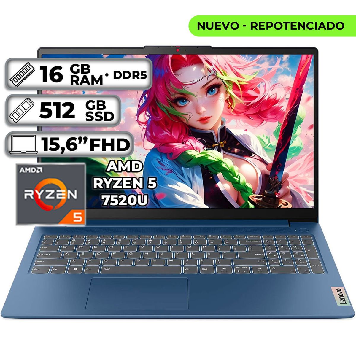 Lenovo - PORTÁTIL SLIM 3 AMD RYZEN 5 7520U 16GB RAM 512GB SSD 15.6" FHD ABYSS BLUE