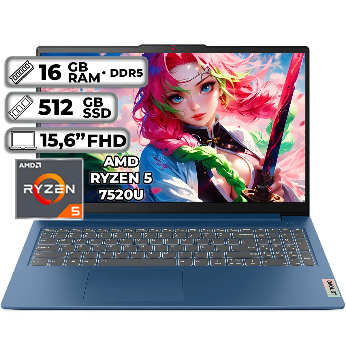 Lenovo - PORTÁTIL SLIM 3 AMD RYZEN 5 7520U 16GB RAM 512GB SSD 15.6" FHD ABYSS BLUE