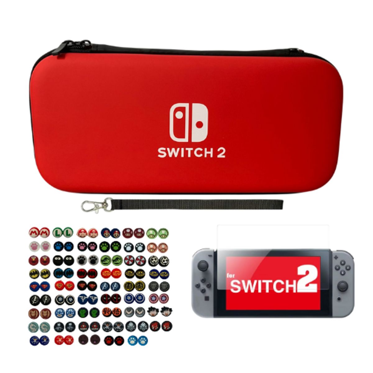GENERICO - Estuche Rígido Rojo + Vidrio + 2 Grips Compatible Con Switch 2