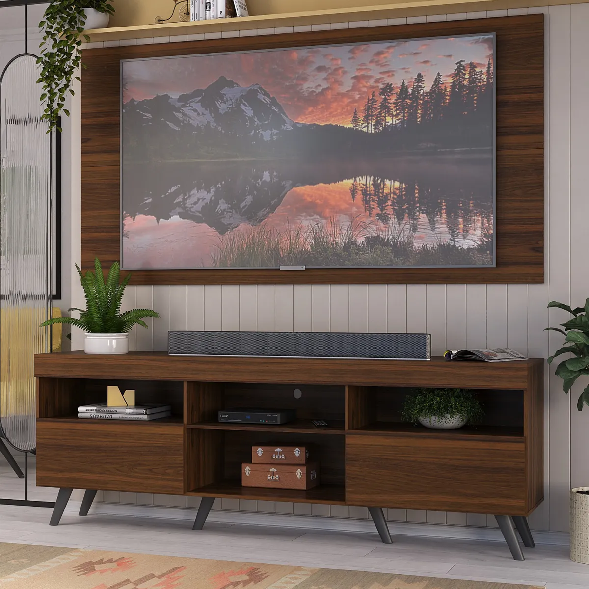 JYM - Rack con Panel y Patas Altas para TV de 65 pulgadas en MDP Madera_.