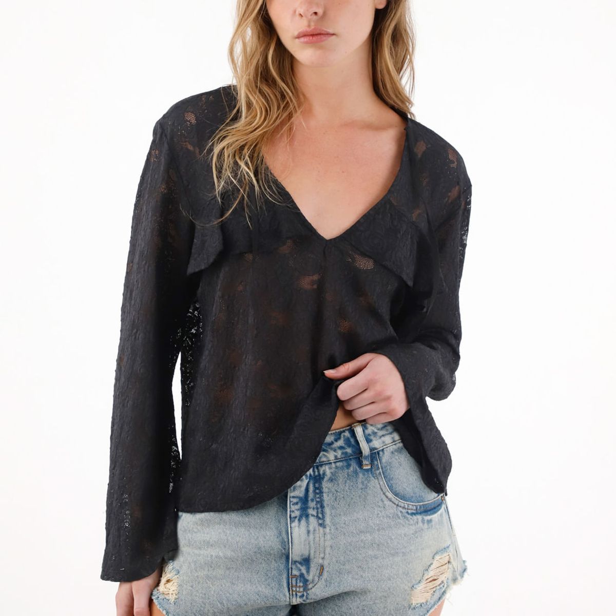 TENNIS - Camisa en encaje con boleros negra para mujer