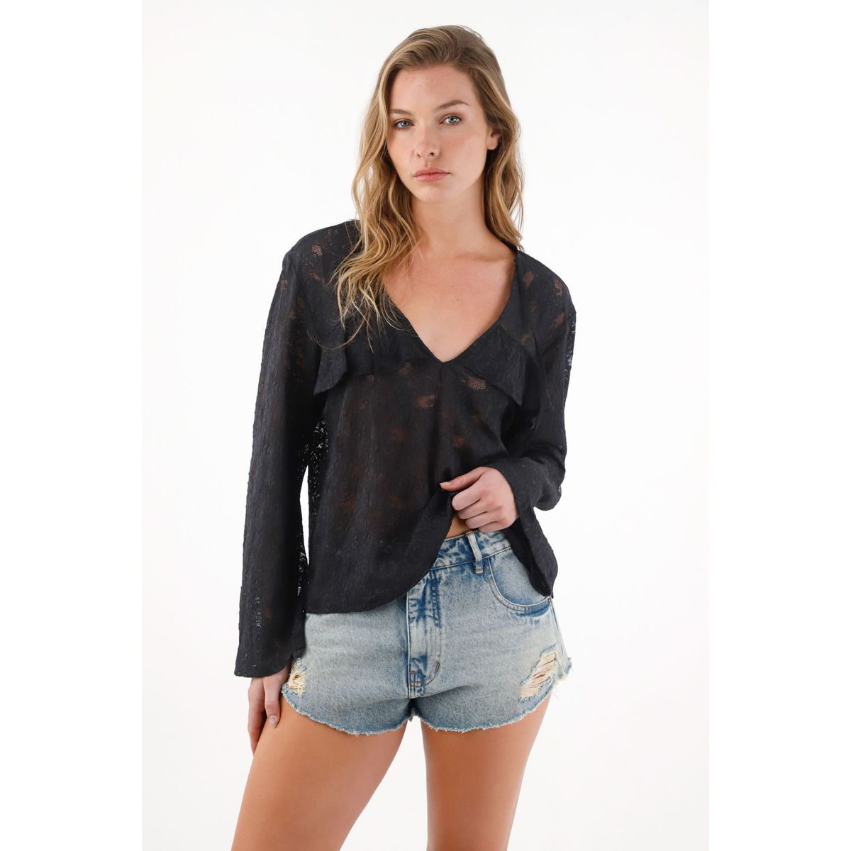 TENNIS - Camisa en encaje con boleros negra para mujer