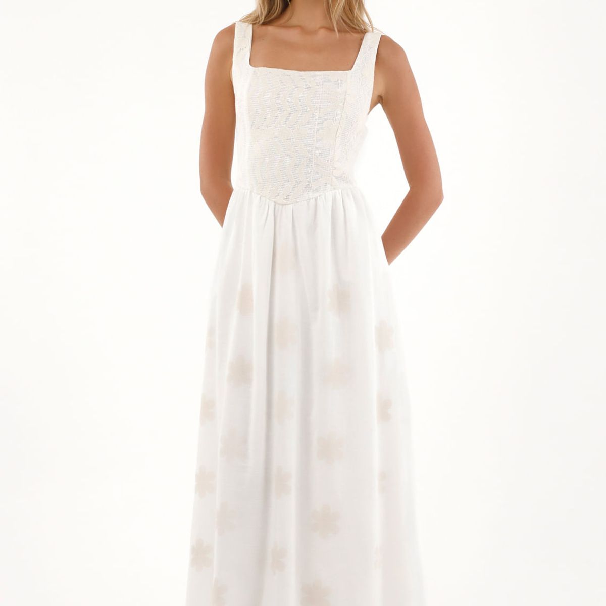 TOPMARK - Vestido largo con detalles bordados en falda para mujer