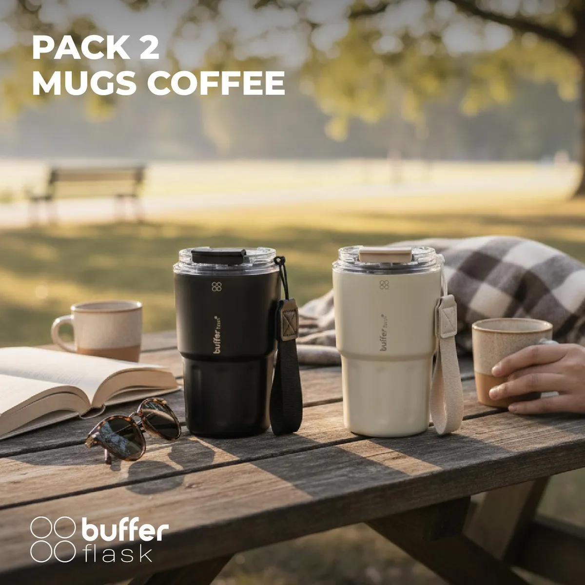 BUFFER FLASK - Termo Mug Cafe Bebidas Clientes Set X2 400 Ml Buffer Acero - Blanco