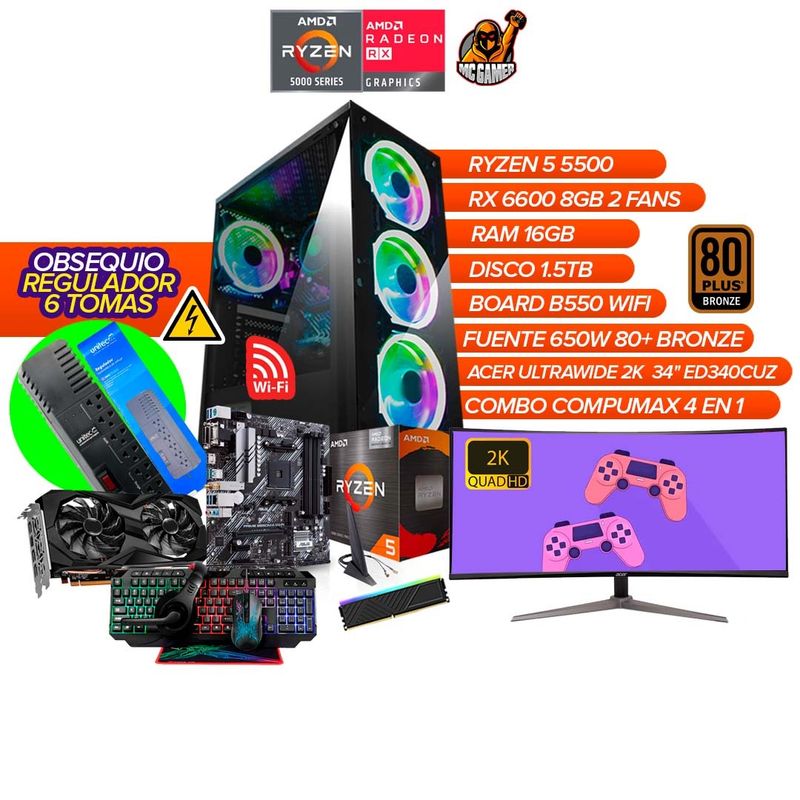 AMD - PC Gamer Ryzen 5 5500 / RX 6600 8GB / 16GB / 1.5TB / B550 WIFI / Monitor 34"