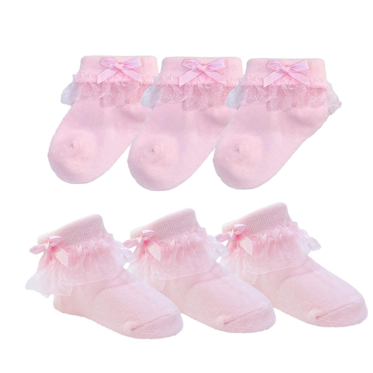 MUNDO BEBE - Medias Rosadas Con Encaje Elegantes bebe x3 Niña