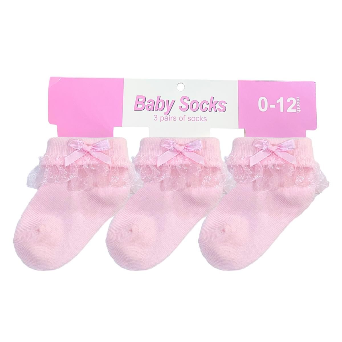 MUNDO BEBE - Medias Rosadas Con Encaje Elegantes bebe x3 Niña