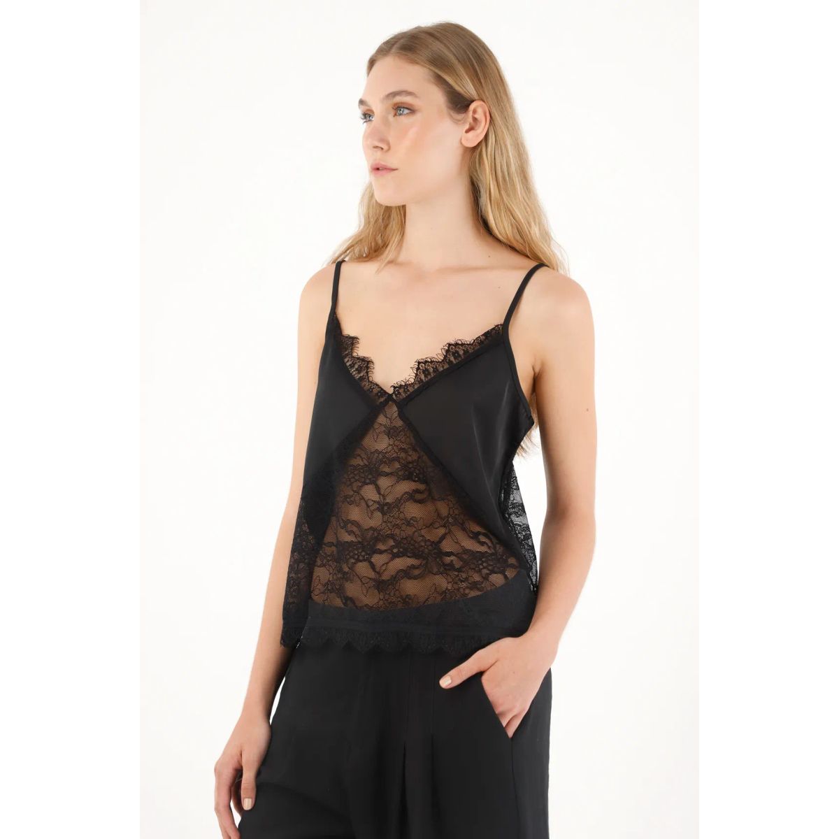 TENNIS - Camisa en encaje con detalle de copas negra para mujer