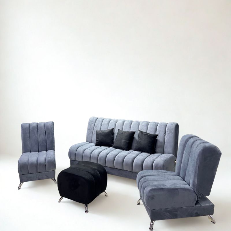 GENERICO - SALA COMPLETA SOFA Y SILLAS RECLINABLES + PUFF Y COJINES - CLICK CLACK ATENAS COLOR GRIS