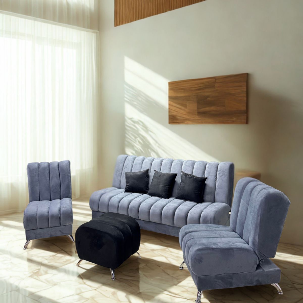 GENERICO - SOFA Y SILLAS RECLINABLES + PUFF Y COJINES - CLICK CLACK ATENAS GRIS