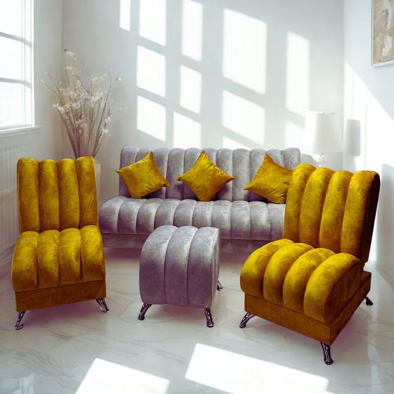 GENERICO - SALA COMPLETA SOFA Y SILLAS RECLINABLES + PUFF Y COJINES - CLICK CLACK ATENAS COLOR PLATA Y AMARILLO