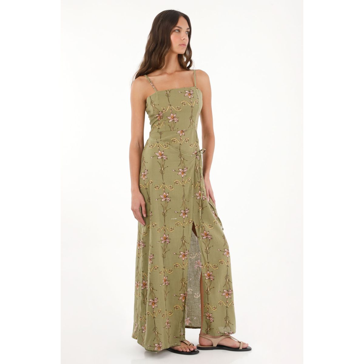 TOPMARK - Vestido largo con estampado de flores verde para mujer