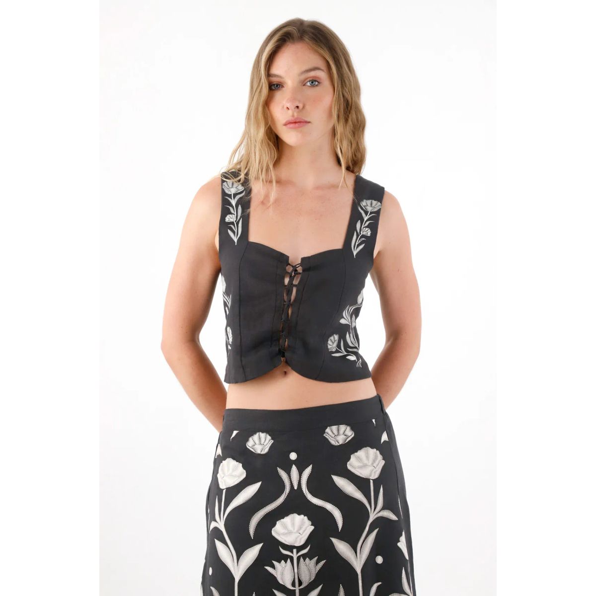 TENNIS - Camisa tipo corsé en lino 100% negra para mujer