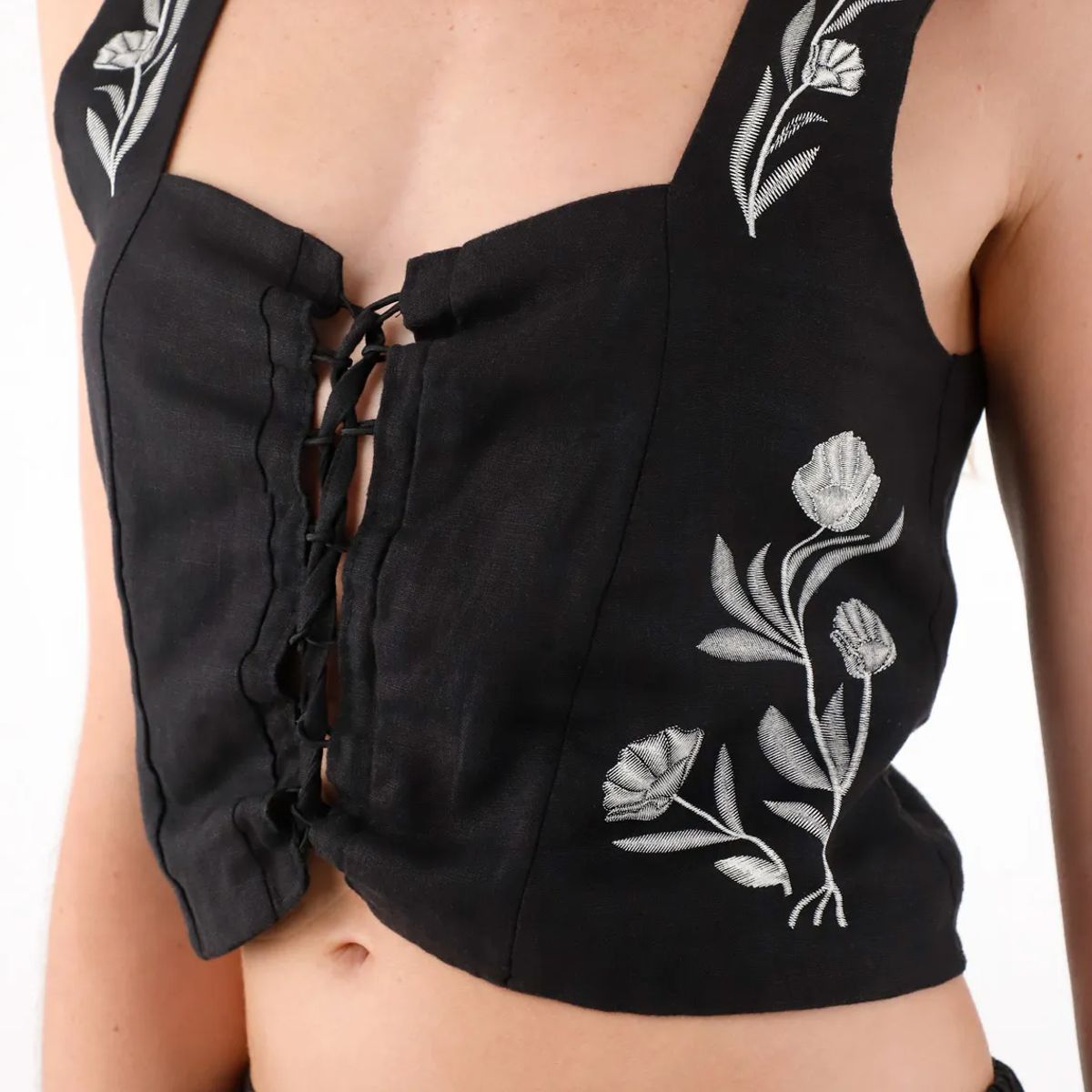 TENNIS - Camisa tipo corsé en lino 100% negra para mujer