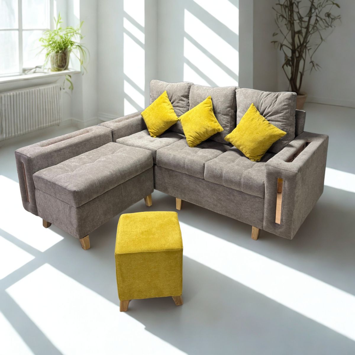 GENERICO - SALA ESQUINERA PUFF ESPEJOS DECORATIVOS CAFÉ CLARO-AMARILLO