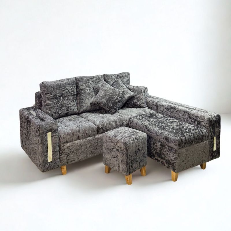 GENERICO - SALA L MODULAR ESQUINERA CON PUFF Y ESPEJOS DECORATIVOS  MODELO PARÍS DIAMANTE COLOR NEGRO