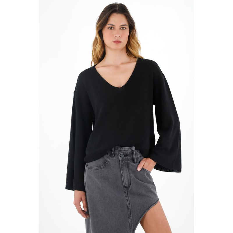 TENNIS - Buzo con cuello en V negro para mujer