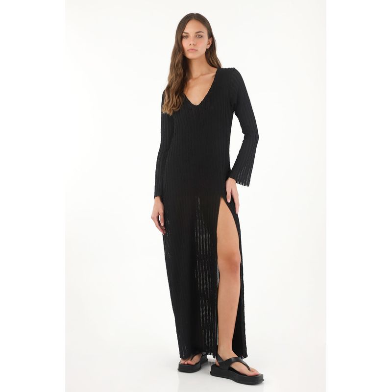 TOPMARK - Vestido largo semiajustado con abertura negro para mujer