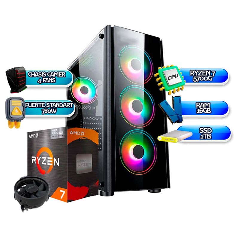 AMD - TORRE GAMER RYZEN 7 5700G - 16GB RAM - SSD 1TB - B550 WIFI BLUETOOTH