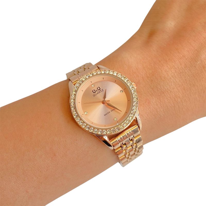 Q&Q - Reloj Q&Q Oro Rosa Con Piedras Acero Inoxidable Original + Caja
