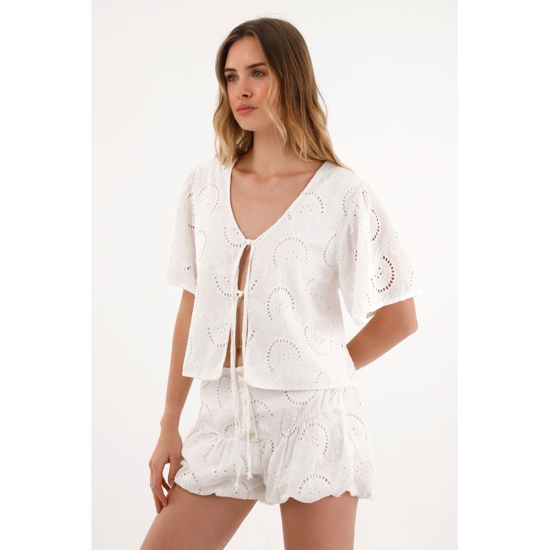 TOPMARK - Camisa manga corta en ojalillo crudo para mujer