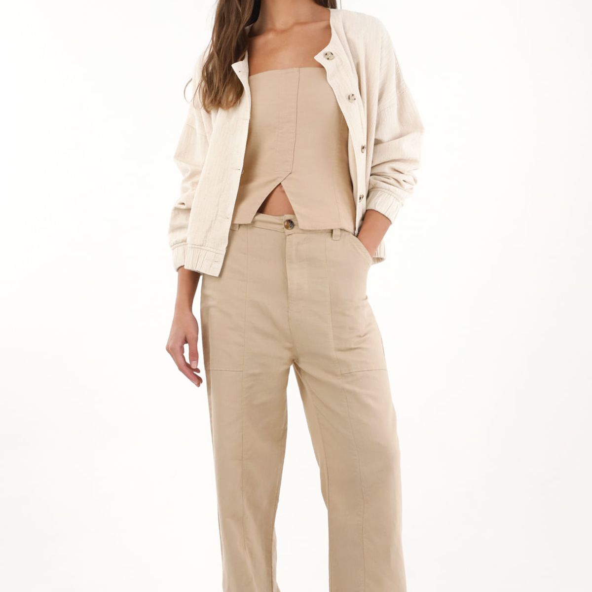 TOPMARK - Pantalón Recto de apariencia en lino café para mujer