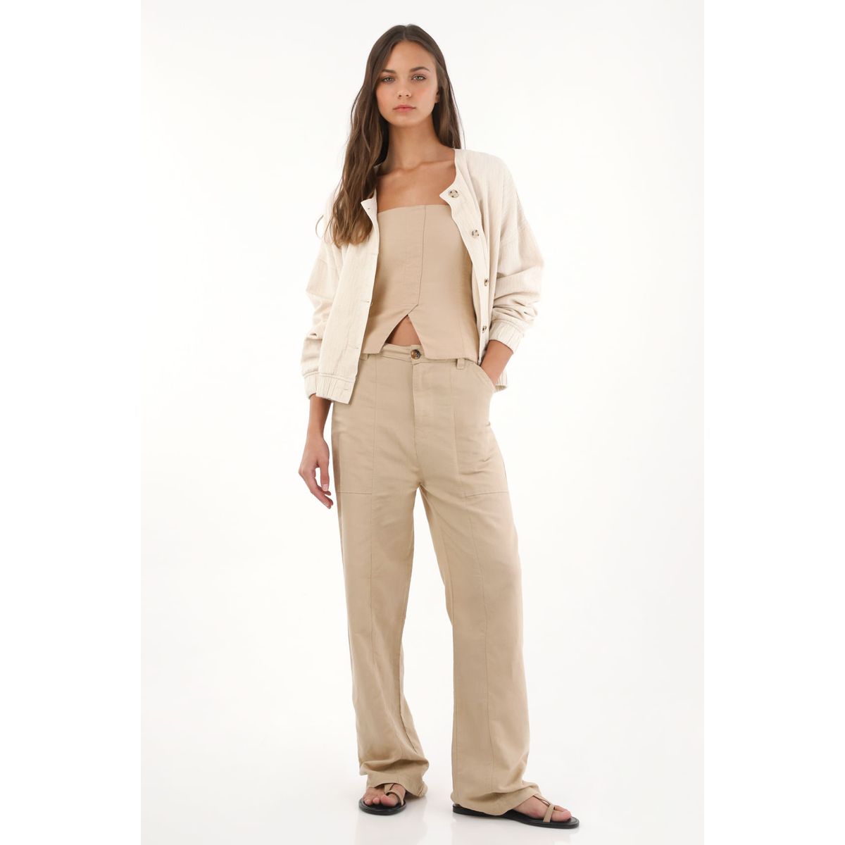 TOPMARK - Pantalón Recto de apariencia en lino café para mujer