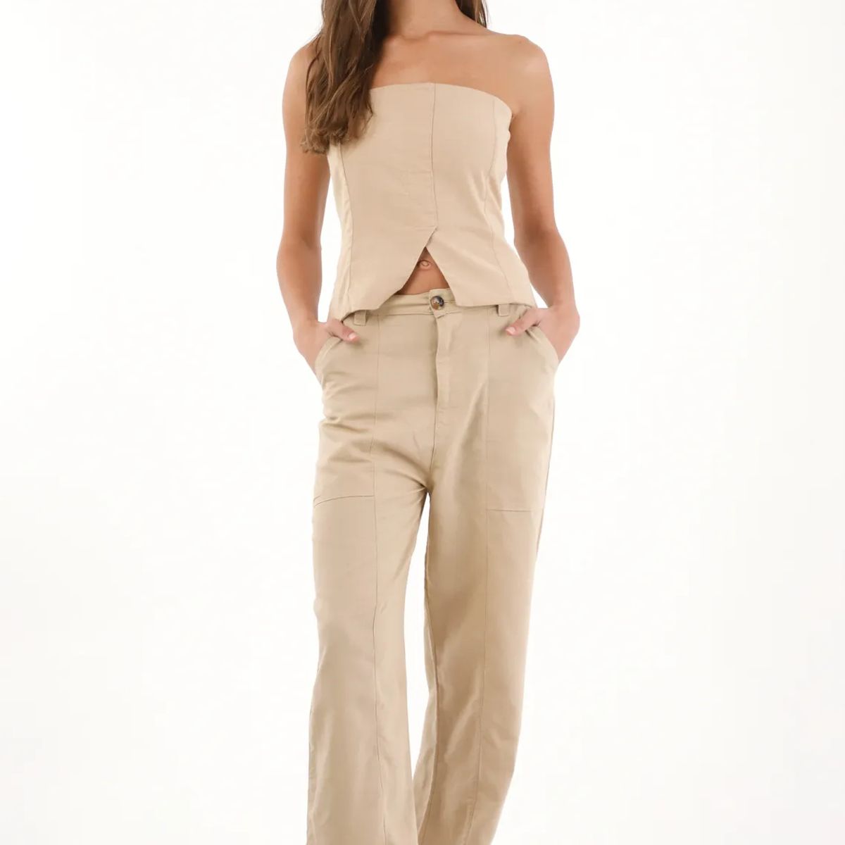 TOPMARK - Camisa strapless con cortes café para mujer