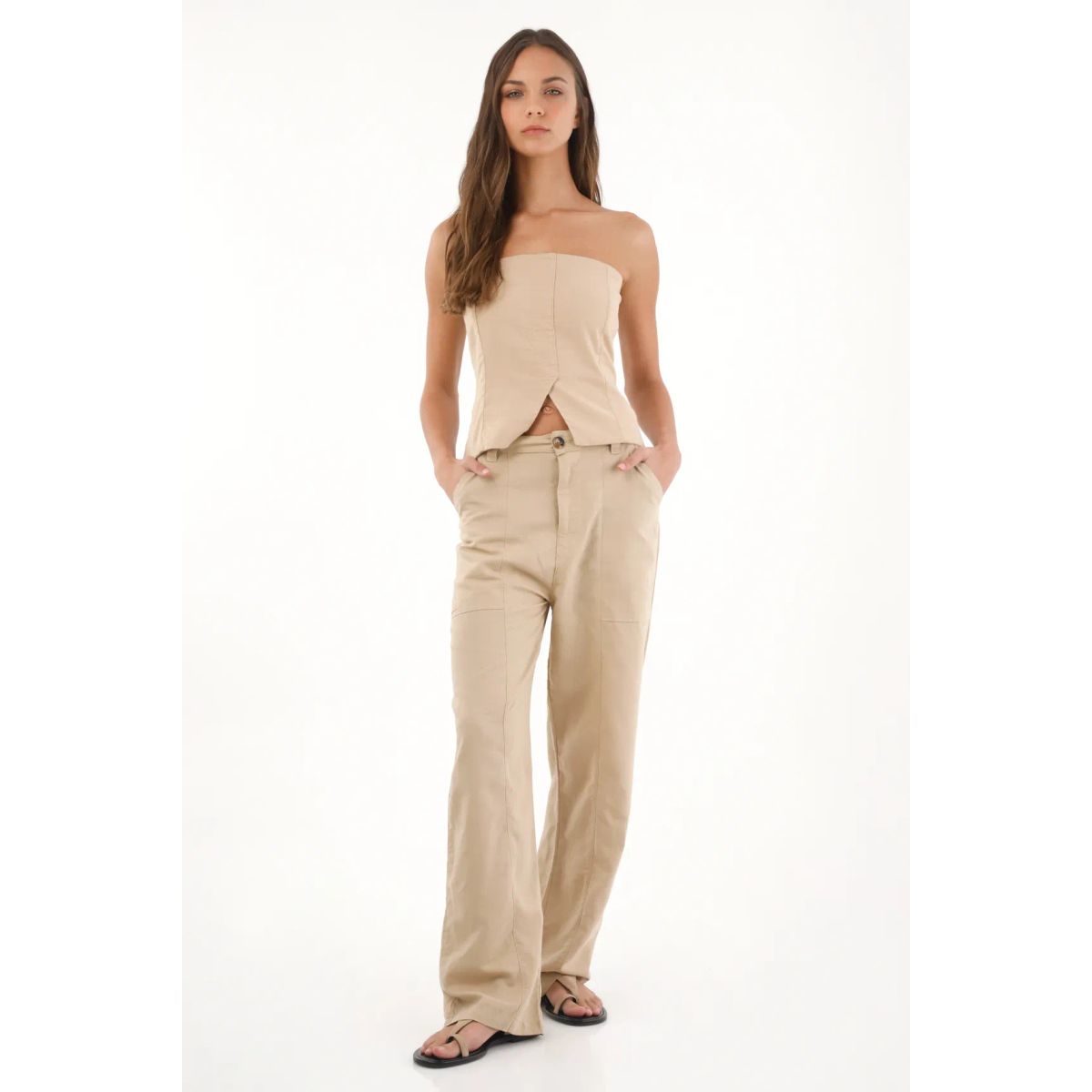TOPMARK - Camisa strapless con cortes café para mujer
