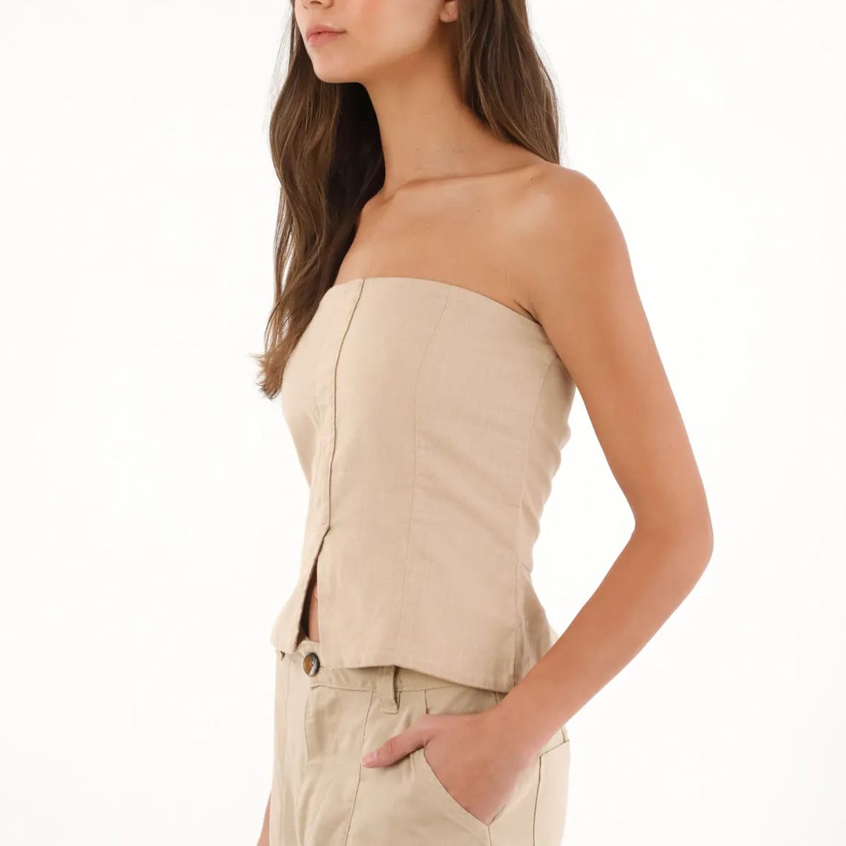 TOPMARK - Camisa strapless con cortes café para mujer