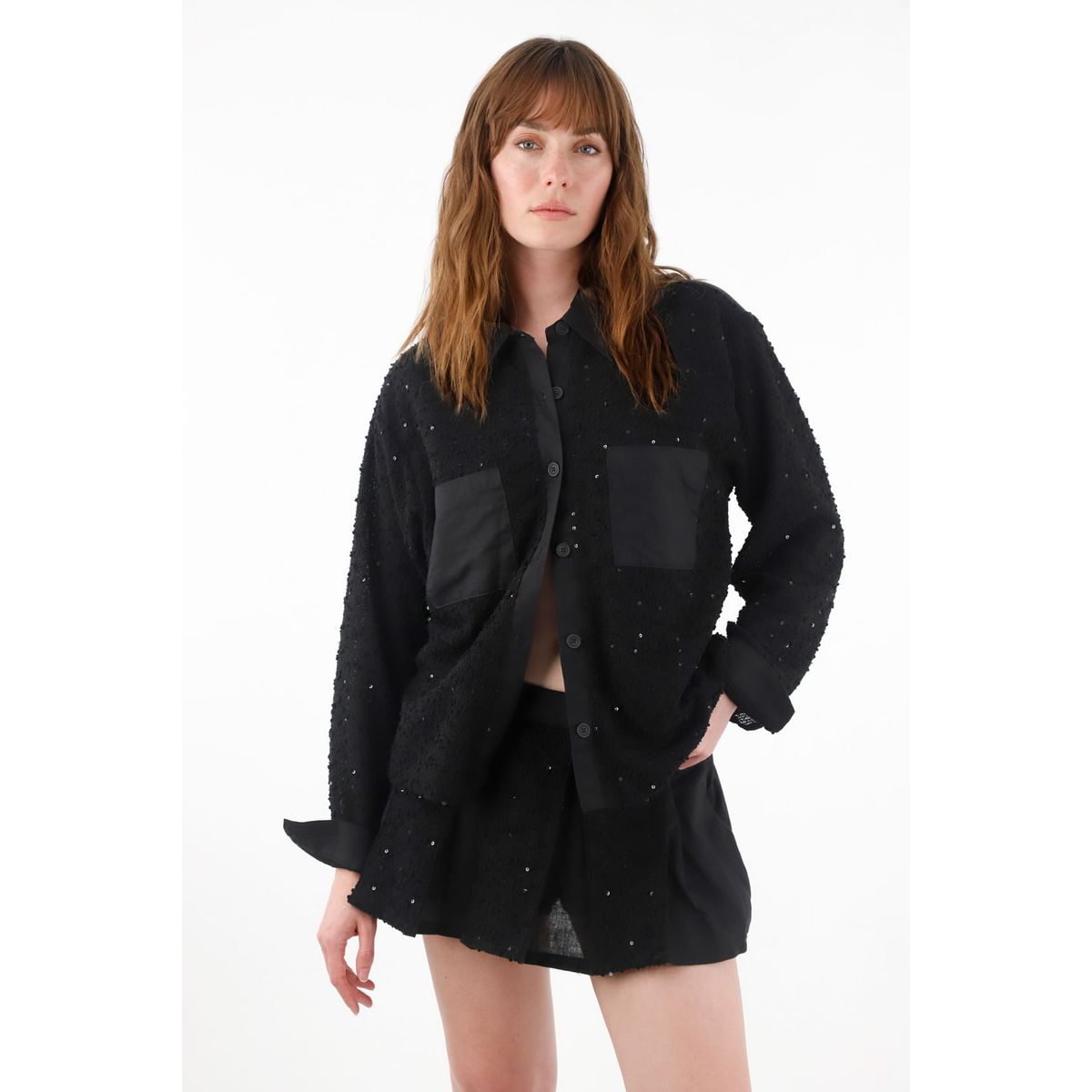 TENNIS - Camisa con detalles de lentejuelas y lino negra para mujer